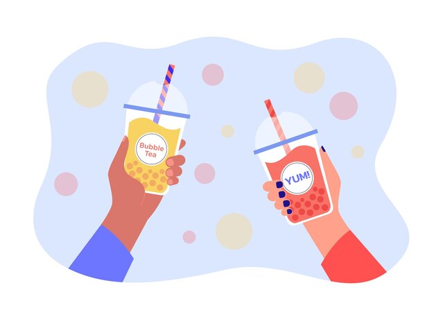 Human hands holding plastic cups with cool bubble tea and straws. Persons enjoying Asian popular sweet boba drink, delicious and cold pearl milk beverage flat vector illustration. Dessert concept