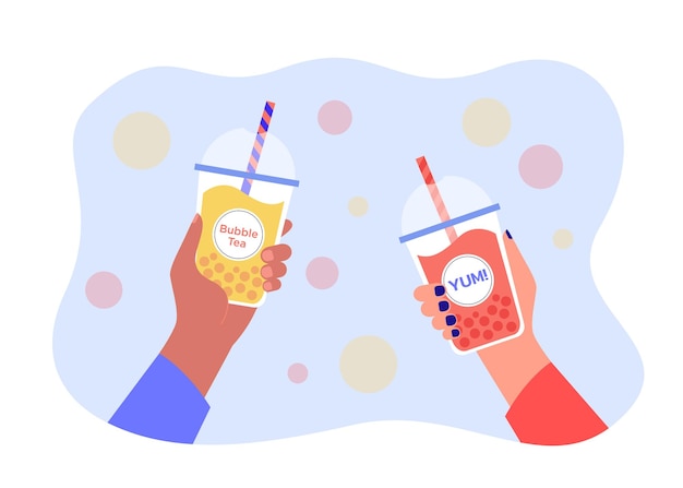 Human hands holding plastic cups with cool bubble tea and straws. Persons enjoying Asian popular sweet boba drink, delicious and cold pearl milk beverage flat vector illustration. Dessert concept