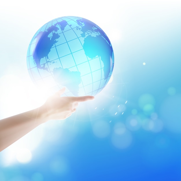 Human holding globe on his hands over blue sky.