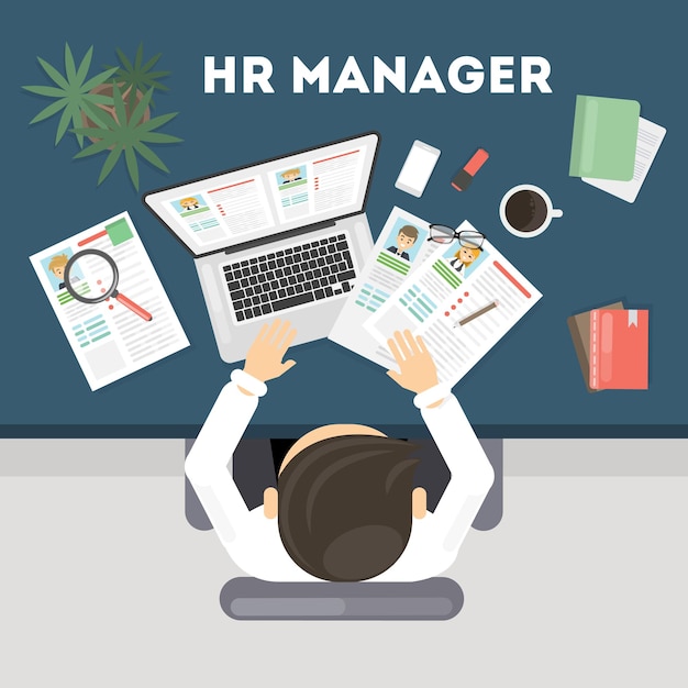 Human resource manager sitting at the desk with resumes Top view