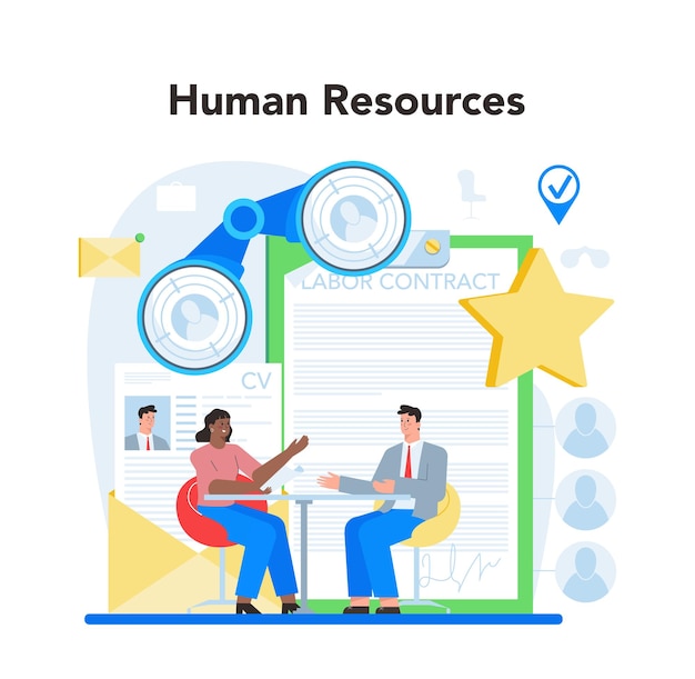 Human resources specialist concept Idea of recruitment and job management HR manager interviewing a job candidate Flat vector illustration