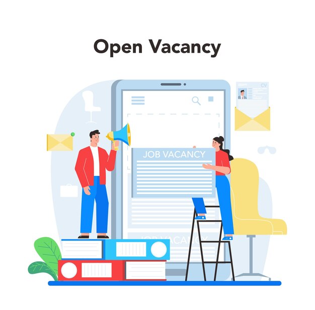 Human resources specialist concept Idea of recruitment and job management HR manager setting a new vacancy Flat vector illustration