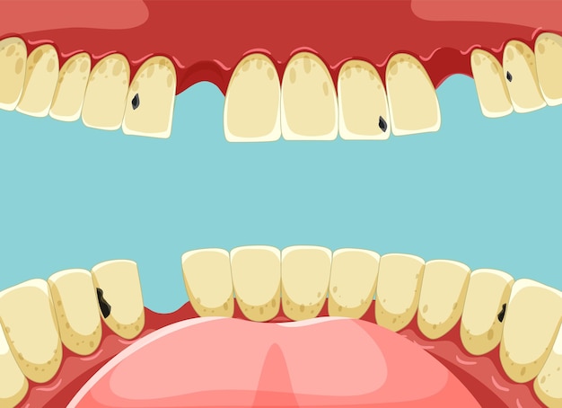 Human teeth inside mouth with yellow broken tooth