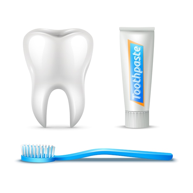 Human tooth brush and paste realistic set 