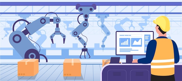 Human use computer to control the robot arms working in procuction convoyed in the smart factory industry 4