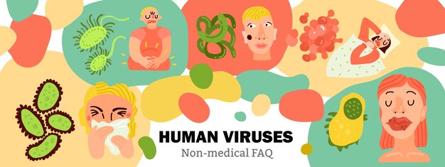 Human viruses, body infections, ill persons during influenza, digestive disease, skin rashes, hand drawn 