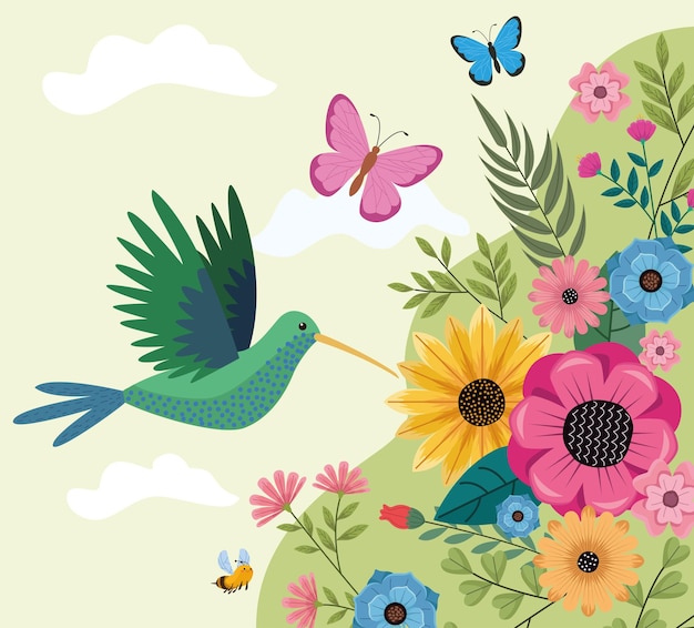 Free vector hummingbird in the garden spring scene