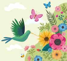 Free vector hummingbird in the garden spring scene