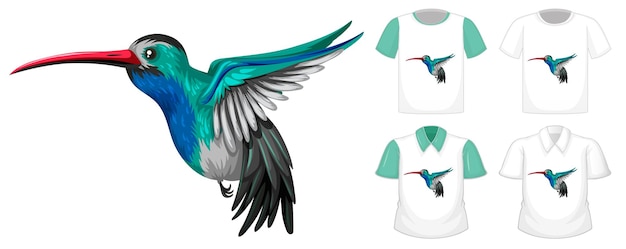 Hummingbirds cartoon character with many types of shirts on white background