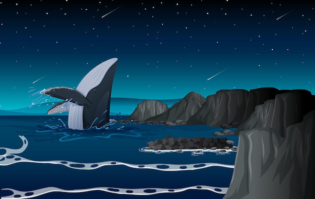 Humpback whale in the ocean at night