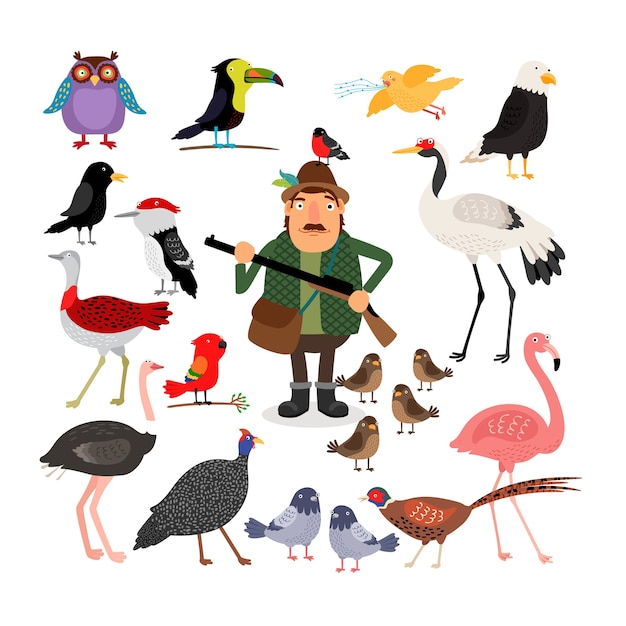 Free Vector hunter holding a shotgun. birds illustration set