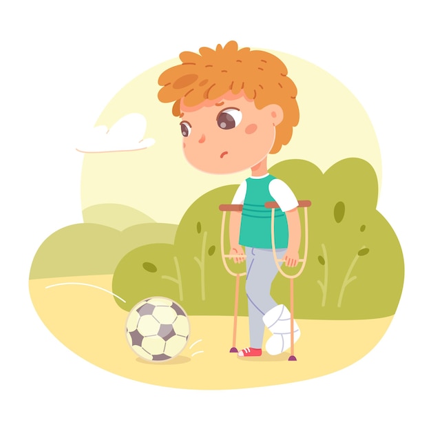 Free Vector hurt boy with broken leg in gypsum outdoor unwell walking in park unable to play football with ball illustration