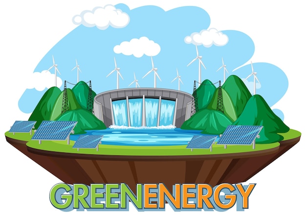 Free Vector hydro power plants generate electricity with green banner