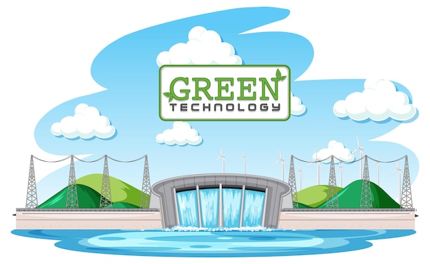 Free Vector hydro power plants generate electricity with green banner