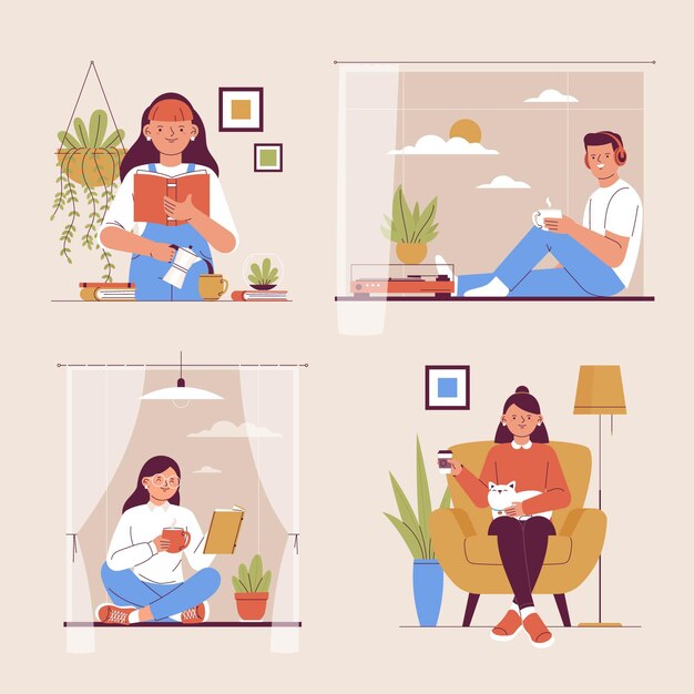 Hygge lifestyle scenes flat-hand drawn