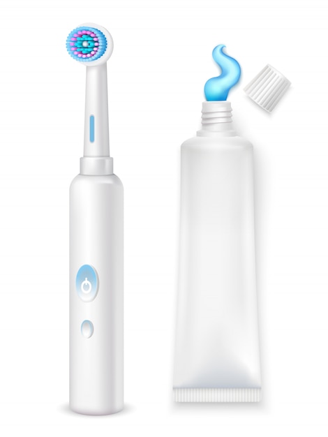 Hygiene decorative icons set of electric toothbrush and toothpaste tube on white background in realistic style isolated