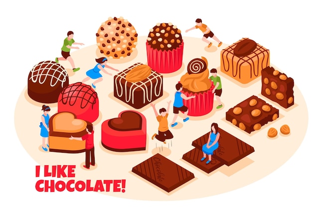 Free Vector i like chocolate  concept with wide range of chocolate sweets pastry and bars isometric