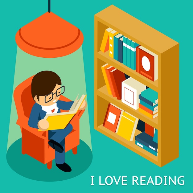 I love reading, 3d isometric illustration. Man sitting in  chair reading  book near bookshelf