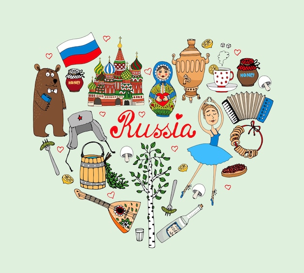 I Love Russia vector heart illustration with cultural icons