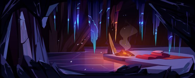 Ice cave in mountain with campfire and sleeping bag, tourist overnight place in grotto with frozen lake and hanging icicles inside. Empty cavern with crystal stalactites. Cartoon vector illustration