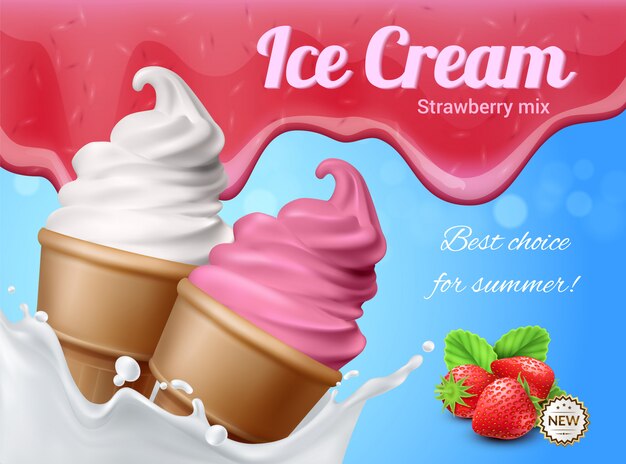 Ice cream realistic advertising composition with editable text and images of two icecream cornets with berries illustration