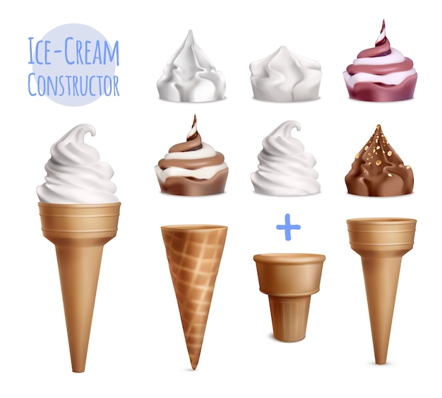 Ice cream realistic constructor set of various toppings with sugar cones of different shape and text illustration