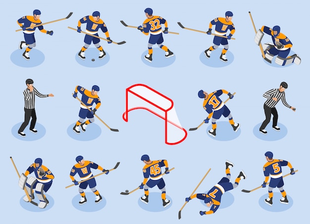 Free Vector ice hockey isometric icons set with  defensing players forwards goaltender goalie puck referee on rink 