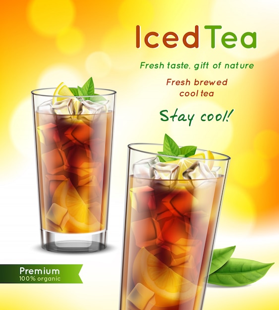 Iced tea package realistic advertising composition with full glasses mint leaves lemon promoting text vector illustration