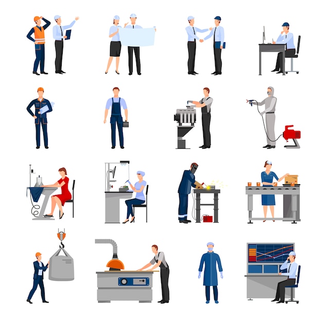 Free Vector icons set of drawn in flat style different factory workers