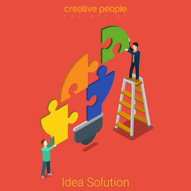 Free vector idea solution flat isometric problem concept  young men connecting puzzle pieces into lamp light bulb shape.