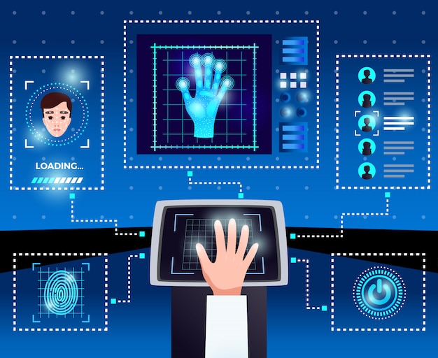 Identification computer technologies schema with integrated touchscreen interface for secure authorized user access blue background