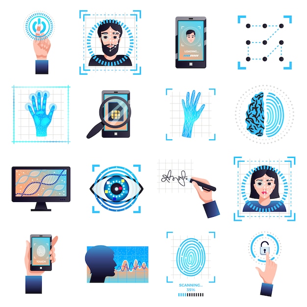 Identification technologies symbols collection with signature eye iris facial recognition biometric