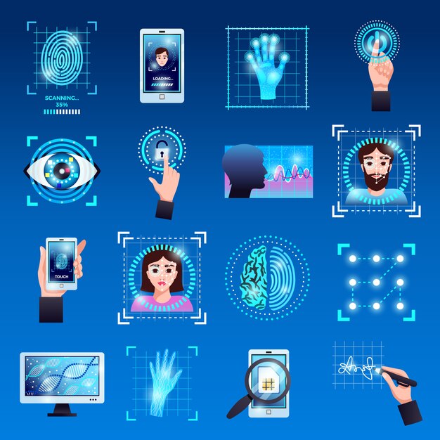 Identification technologies symbols icons set with touch screen fingerprint recognition id systems isolated