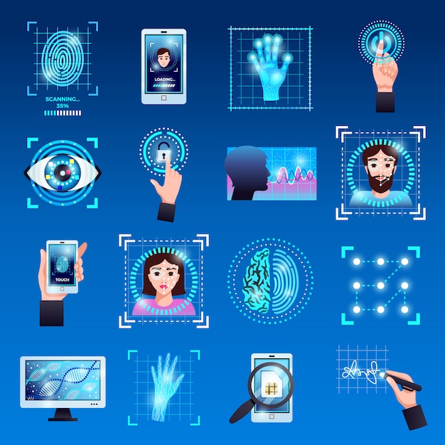 Identification technologies symbols icons set with touch screen fingerprint recognition id systems isolated