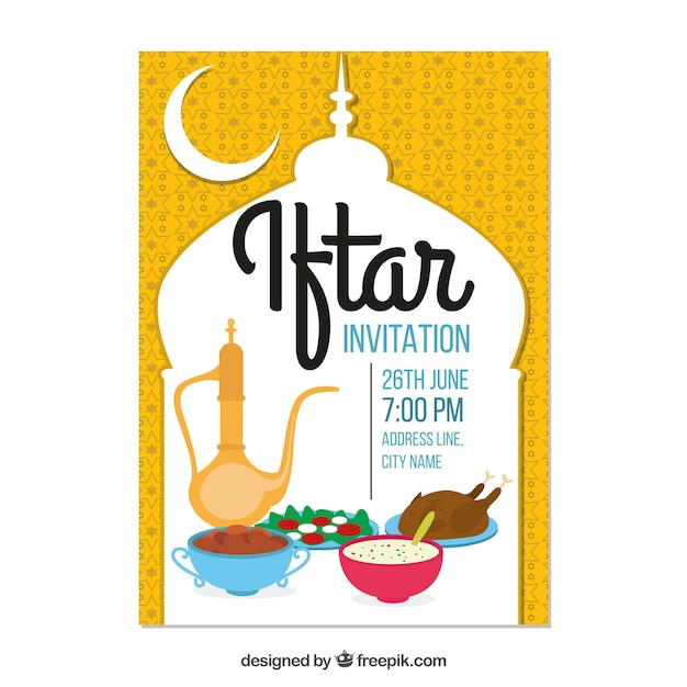 Free Vector iftar invitation with food and tea in flat style