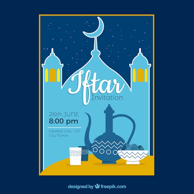 Free Vector iftar invitation with food and tea in flat style