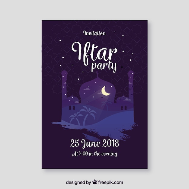 Free Vector iftar invitation with mosque silhouette in flat style