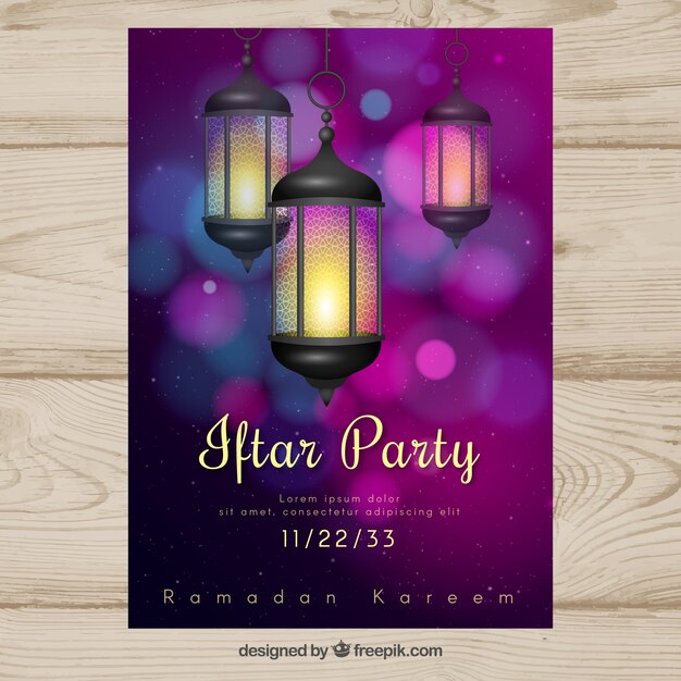 Iftar party invitation with lamps in realistic style