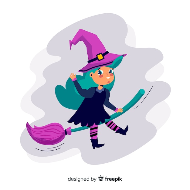 Iillustration of halloween witch flying on broom