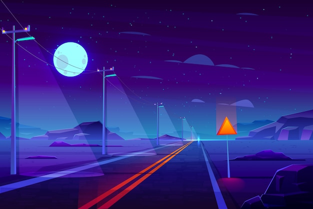 Free vector illuminated at night, empty highway road in desert cartoon