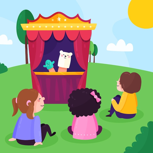 Illustrated children watching puppet show