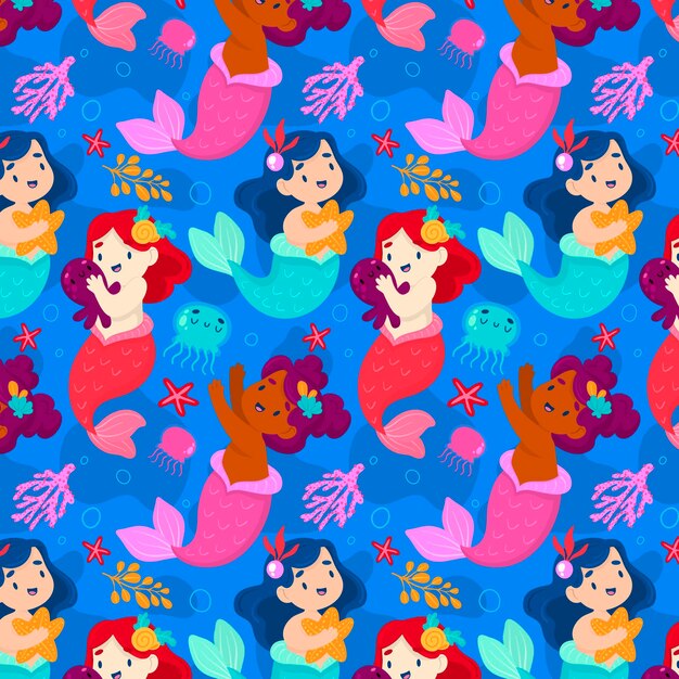 Illustrated colorful mermaid pattern