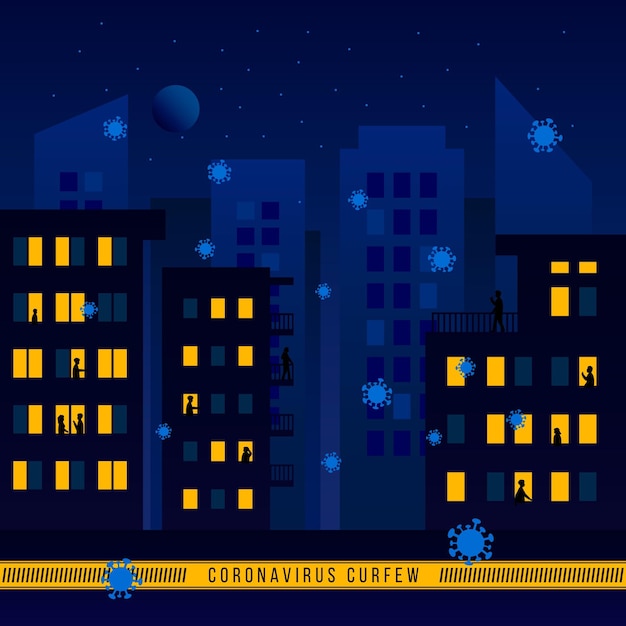 Illustrated coronavirus curfew concept with empty city at night