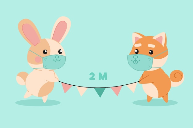 Illustrated cute animals practicing social distancing