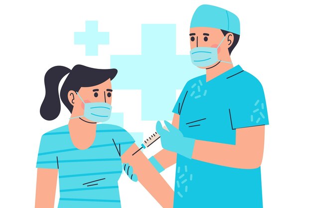 Illustrated doctor injecting vaccine to a patient