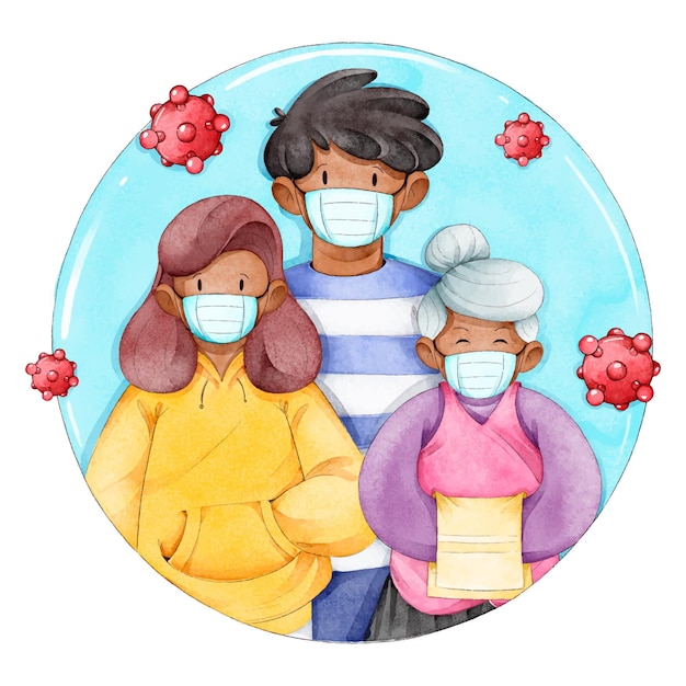 Illustrated family protected from the virus