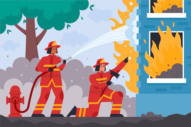 Illustrated firefighters putting out a fire