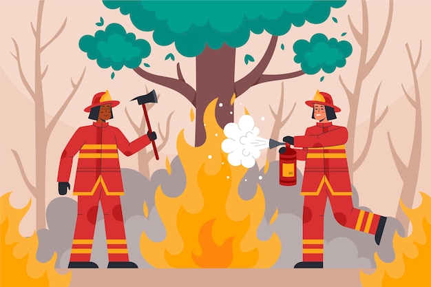 Illustrated firefighters putting out a fire