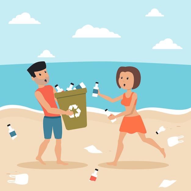 Illustrated man and woman cleaning the beach