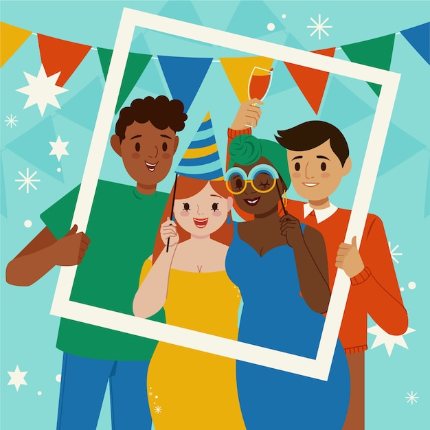 Illustrated people celebrating at a birthday party